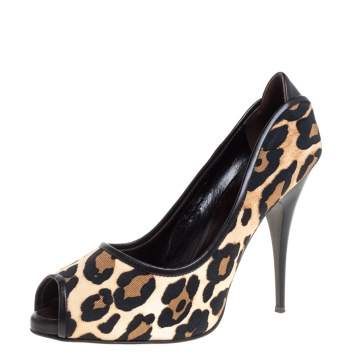 Pre Owned Giuseppe Zanotti Leopard Print Canvas and Leather Peep Toe Pumps Size 40