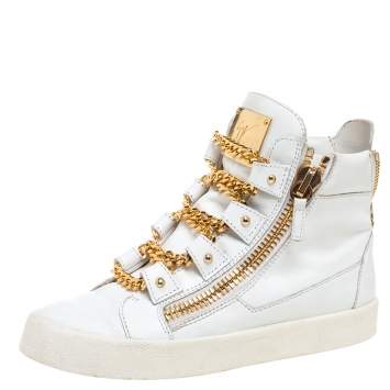 Pre Owned Giuseppe Zanotti White/Gold Leather Royce Chain High Top Sneakers Size 40