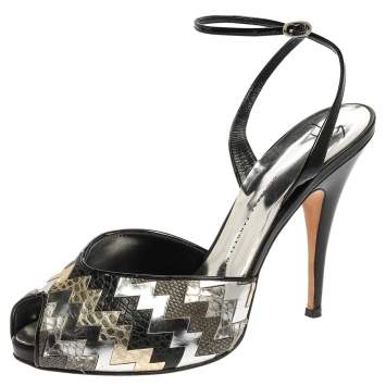 Pre Owned Giuseppe Zanotti Black/Silver Zigzag Patent and Leather Mixed Media Peep Toe Platform Sandals Size 39.5