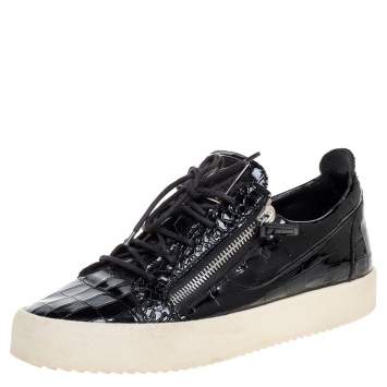 Pre Owned Giuseppe Zanotti Black Croc Embossed Leather Low Top Sneakers Size 44.5