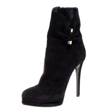 Pre Owned Le Silla Black Suede Hat Pin Platform Ankle Boots Size 38.5
