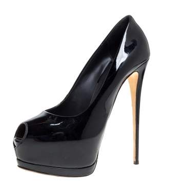 Pre Owned Giuseppe Zanotti Black Patent Leather Peep Toe Platform Pumps Size 41