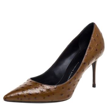 Pre Owned Giuseppe Zanotti Brown Ostrich Embossed Leather Lucrezia Pointed Toe Pumps Size 38.5