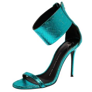 Pre Owned Giuseppe Zanotti Metallic Blue Snake Embossed Leather Andrea  Ankle Cuff Sandals Size 38