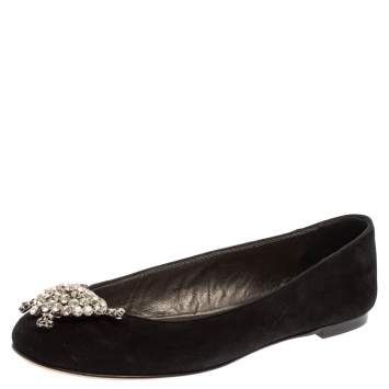 Pre Owned Giuseppe Zanotti Black Suede Crystal Embellished Ballet Flats Size 36