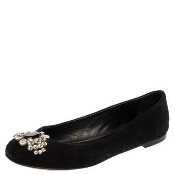 Pre Owned Giuseppe Zanotti Black Suede Leather Crystal Embellished Ballet Flats Size 36