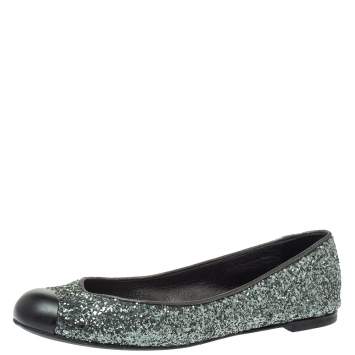 Pre Owned  Giuseppe Zanotti Grey Glitter Fabric Cap Toe Ballet Flats Size 35