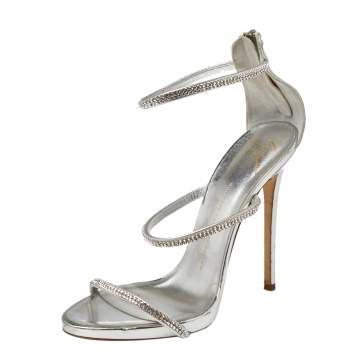 Pre Owned Giuseppe Zanotti Metallic Silver Leather Crystal Embellished Harmony Ankle Strap Sandals Size 41