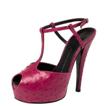 Pre Owned Giuseppe Zanotti Fuchsia Ostrich Embossed Leather  Peep Toe Platform Sandals 37