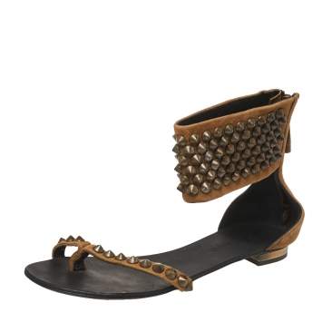 Pre Owned Giuseppe Zanotti Brown Suede Leather Studded Toe Ring Sandals Size 38.5 
