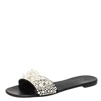 Pre Owned  Giuseppe Zanotti Black Suede Pearl Embellished Flat Slides Size 38