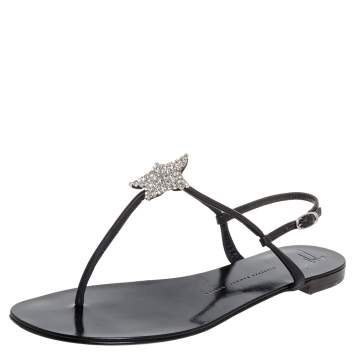 Pre Owned Giuseppe Zanotti Black Leather T Strap Crystal Embellished Flat Sandals Size 41