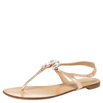 Pre Owned Giuseppe Zanotti Rose Gold Leather T Strap Crystal Embellish Flat Sandals Size 41