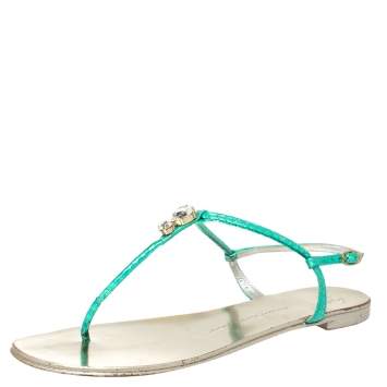Pre Owned Giuseppe Zanotti Green Metallic Iridescent Leather T-Strap  Embellished Sandals Size 41