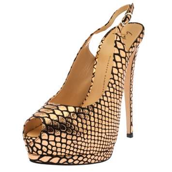 Pre Owned Giuseppe Zanotti Rose Gold/Black Python Embossed Patent Leather and Suede Sharon Platform Pumps Size 39