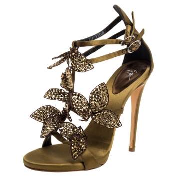 Pre Owned Giuseppe Zanotti Olive Green Satin Leaf Embellishment  Sandals Size 37