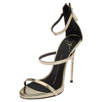 Pre Owned Giuseppe Zanotti Gold Foil Leather Harmony Strap Sandals Size 35