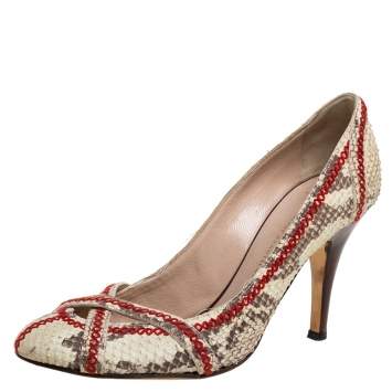 Pre Owned Giuseppe Zanotti Beige Python Effect Nubuck Leather  Stitch Detail Pumps Size 38