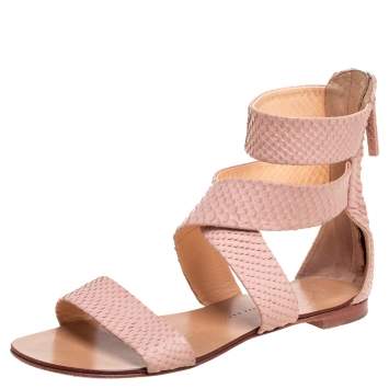 Pre Owned Giuseppe Zanotti Pink Python Embossed Leather Criss Cross Ankle Cuff Sandals Size 36.5