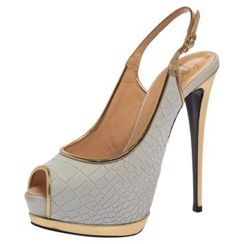 Pre Owned Giuseppe Zanotti White/Gold Croc Embossed Leather Peep Toe Platform Slingback Sandals Size 39