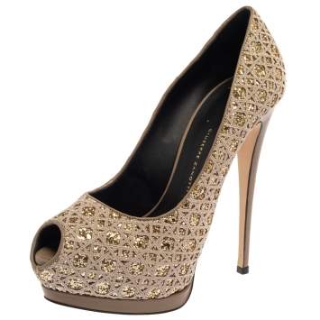 Pre Owned Giuseppe Zanotti Grey Glitter And Fabric Platform Peep Toe Pumps Size 39