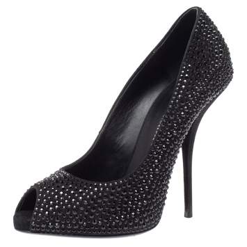 Pre Owned Giuseppe Zanotti Black Suede Nika Crystal Embellished Peep Toe Pumps Size 38