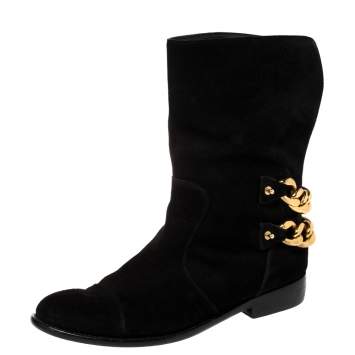 Pre Owned Giuseppe Zanotti Black Suede Gold Chain Link Ankle Length Boots Size 40