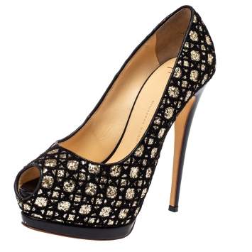 Pre Owned Giuseppe Zanotti Black Sharon Glitter And Lace Liza Peep Toe Platform Pumps Size 38