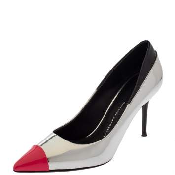Pre Owned Giuseppe Zanotti Metallic Silver Leather Cap Toe Pointed Pumps Size 38