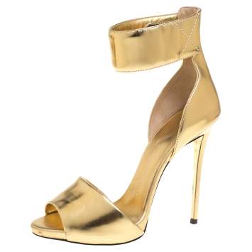 Pre Owned Giuseppe Zanotti Gold Leather Open Toe Ankle Cuff Sandals Size 37