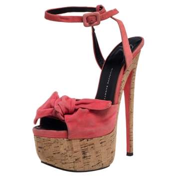 Pre Owned Giuseppe Zanotti Pink Suede Bow Platform Ankle Strap Sandals Size 38