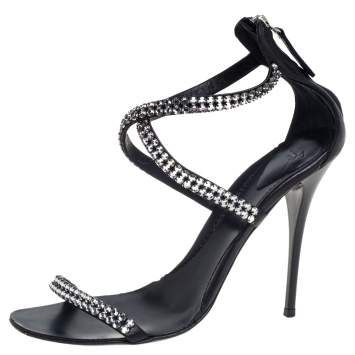 Pre Owned Giuseppe Zanotti Black Leather Crystal Embellished Sandals Size 37