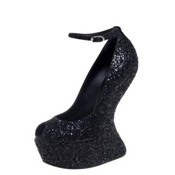 Pre Owned Giuseppe Zanotti Black Glitter Heelless Peep Toe Ankle Strap Pumps Size 39.5