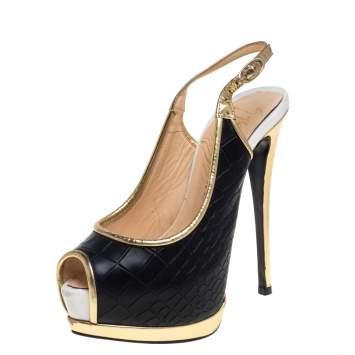 Pre Owned Giuseppe Zanotti Black / Gold Croc Embossed Leather Peep Toe  Platform Pumps Size 35