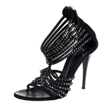 Pre Owned Giuseppe Zanotti Black Suede Embellished Strappy Sandals Size 38