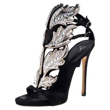 Pre Owned Giuseppe Zanotti Black Leather And Satin Crystal Embellished Coline Wings Sandals Size 36.5