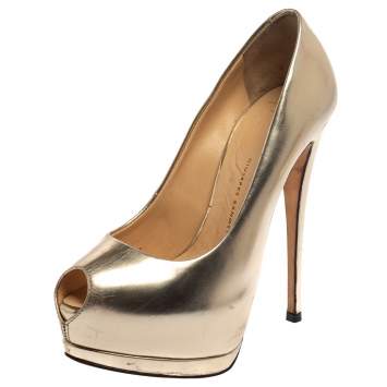 Pre Owned Giuseppe Zanotti Metallic Gold Leather Peep Toe Platform Pumps Size 36.5