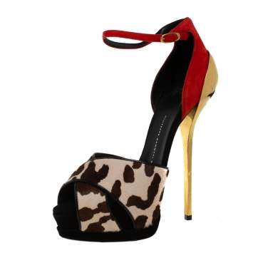 Pre Owned Giuseppe Zanotti Orange Suede And Leopard Print Calf Hair Ankle Strap Sandals Size 39