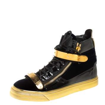 Pre Owned Giuseppe Zanotti Black Velvet And Patent Leather Coby High Top Sneakers Size 39