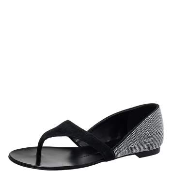 Pre Owned Giuseppe Zanotti Black Suede Crystal Embellished Flat Thong Sandals Size 37