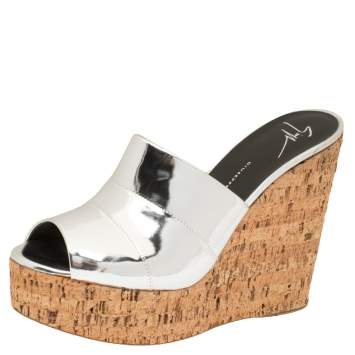 Pre Owned Giuseppe Zanotti Metallic Silver Leather Roz Cork Wedge Platform Slide Sandals Size 40