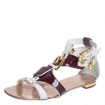 Pre Owned Giuseppe Zanotti White/Burgundy Patent Leather And Leather Flat Strappy Sandals Size 36