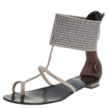 Pre Owned Giuseppe Zanotti Grey Suede Embellished Flat Ankle Cuff Sandals Size 36