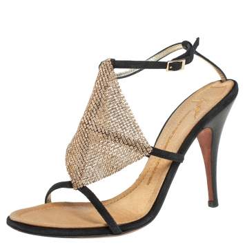Pre Owned Giuseppe Zanotti Black Suede Crystal Embellishment Ankle Strap Sandals Size 39