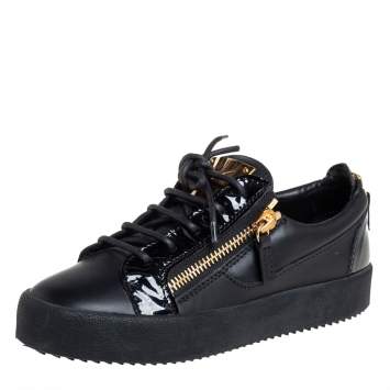مملوكة مسبقًا Giuseppe Zanotti Black Leather And Patent Leather Double Zipper Low Top Sneakers Size 36