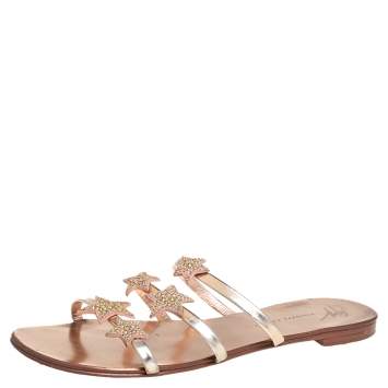 Pre Owned Giuseppe Zanotti Metallic Bronze Leather Star Slide Sandals Size 40