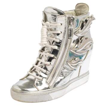 Pre Owned Giuseppe Zanotti Metallic Silver Leather Double Zip Wedge Sneakers Size 35
