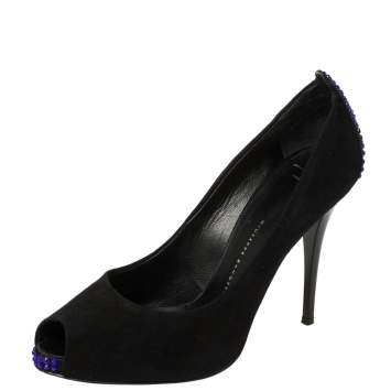 Pre Owned Giuseppe Zanotti Black Suede Embellished Peep Toe Pumps Size 37.5