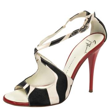 Pre Owned Giuseppe Zanotti White/Black Satin Ankle Strap Sandals Size 36.5