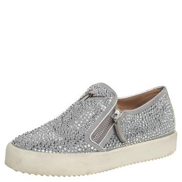 مملوكة مسبقًا Giuseppe Zanotti Grey/Silver Crystal Embellished Suede And Leather May London Slip On Sneakers Size 38